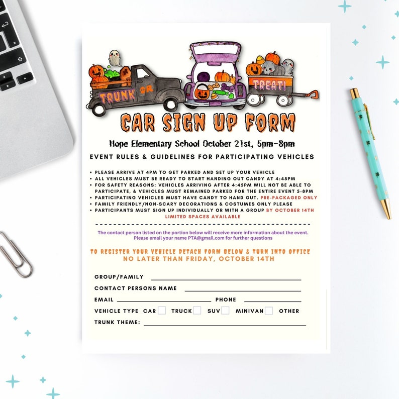 May include: A printable sign-up form for a Halloween Trunk or Treat event at Hope Elementary School. The form includes event rules and guidelines for participating vehicles, a contact person's name, email, and phone number, and a section for vehicle type and trunk theme.