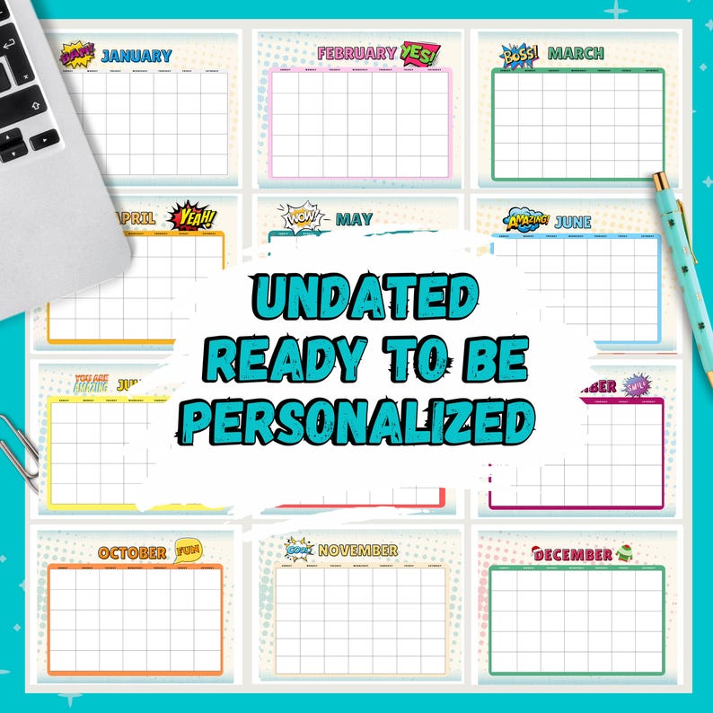 Kids Calendar Printable, Personalized Undated Activity Class Calendars