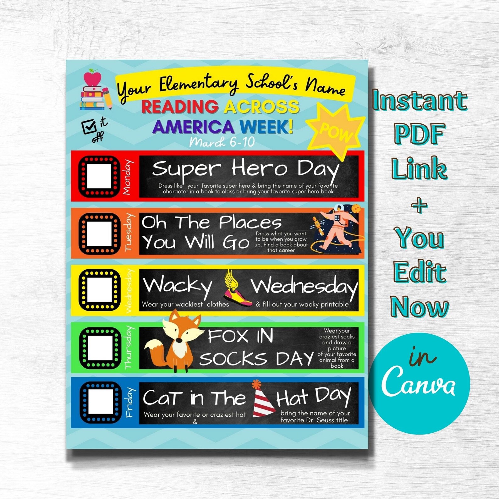 Reading Across America School Spirit Week Activities, Itinerary Schedule for Elementary Kids