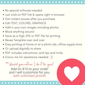 May include: A teal and white graphic detailing features of a digital product. Text includes "No special software needed," "Edit TEXT, COLORS, GRAPHICS," and "Reuse Template over and over." A pink heart graphic is on the right.