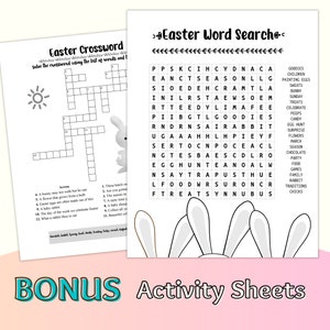 Puede incluir: Dos hojas de actividades de Pascua imprimibles con un crucigrama y una b&uacute;squeda de palabras. El crucigrama tiene una ilustraci&oacute;n de un conejo y la b&uacute;squeda de palabras tiene una ilustraci&oacute;n de un conejo con las orejas levantadas. La b&uacute;squeda de palabras incluye palabras como "goodies", "children", "painting eggs", "sweats", "bunny", "Sunday", "treats", "celebrate", "peeps", "candy", "egg hunt", "surprise", "flowers", "March", "season", "chocolate", "party", "food", "family", "games", "rabbit", "traditions", "chicks".