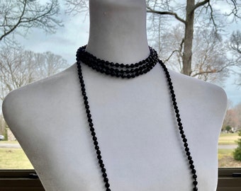Victorian French jet beads on an extra long strand hand knotted faceted black glass beads necklace art deco flapper style black accessory