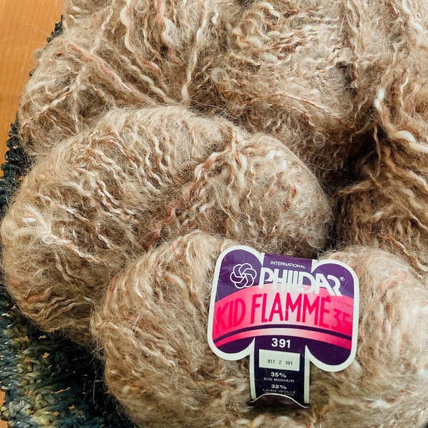 1960s vintage yarn Phildar Kid Flame 35 seven skeins of 50 grams / 1.75oz each in beige warm tan mohair wool yarn