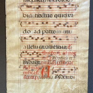 Antique illuminated manuscript page liturgical music antiphonal page on vellum framed wall art decor religious music art