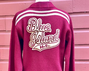 1930s 1940s school varsity sweater wool in dark red and cream w back patch Blue Island High School Chicago Englewood knitting mills