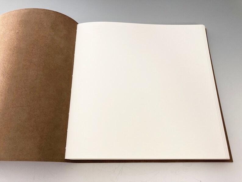 Puede incluir: Un diario encuadernado en cuero marr&oacute;n con p&aacute;ginas blancas en blanco. El diario est&aacute; abierto para revelar las p&aacute;ginas en blanco.