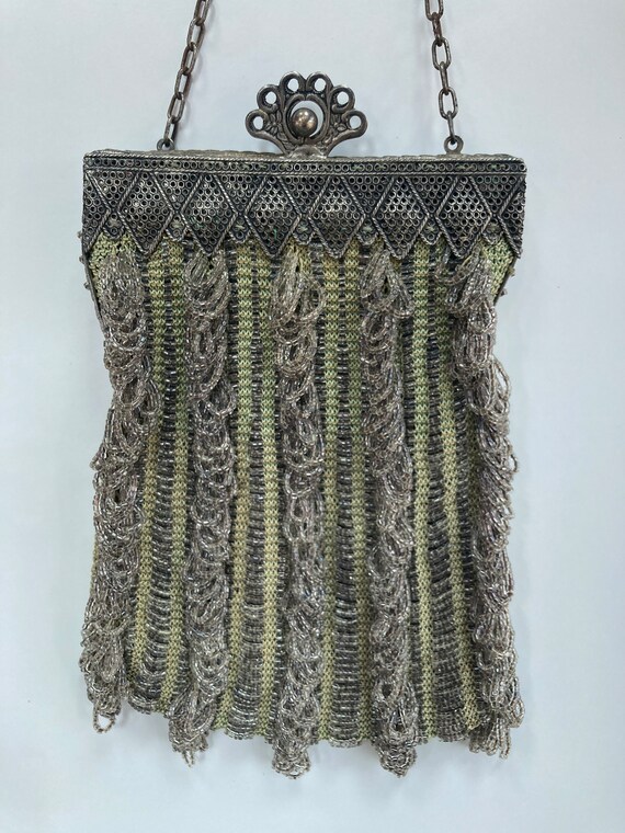 1920s beaded frame handbag in green with silver g… - image 6