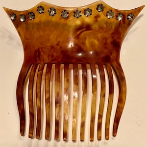 antique celluloid mantilla hair comb faux tortoiseshell with rhinestones c. 1900 1910s Victorian Edwardian honey amber