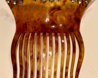 antique celluloid mantilla hair comb faux tortoiseshell with rhinestones c. 1900 1910s Victorian Edwardian honey amber