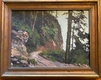 1940s landscape painting oil on board mountain forest path Pacific Northwest American art signed by Hutchins 1930s Washington state woods