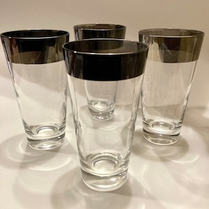 vintage barware 1960s silver mercury rims tapered cocktail glasses set of 4 highball glasses mcm design Dorothy Thorpe style