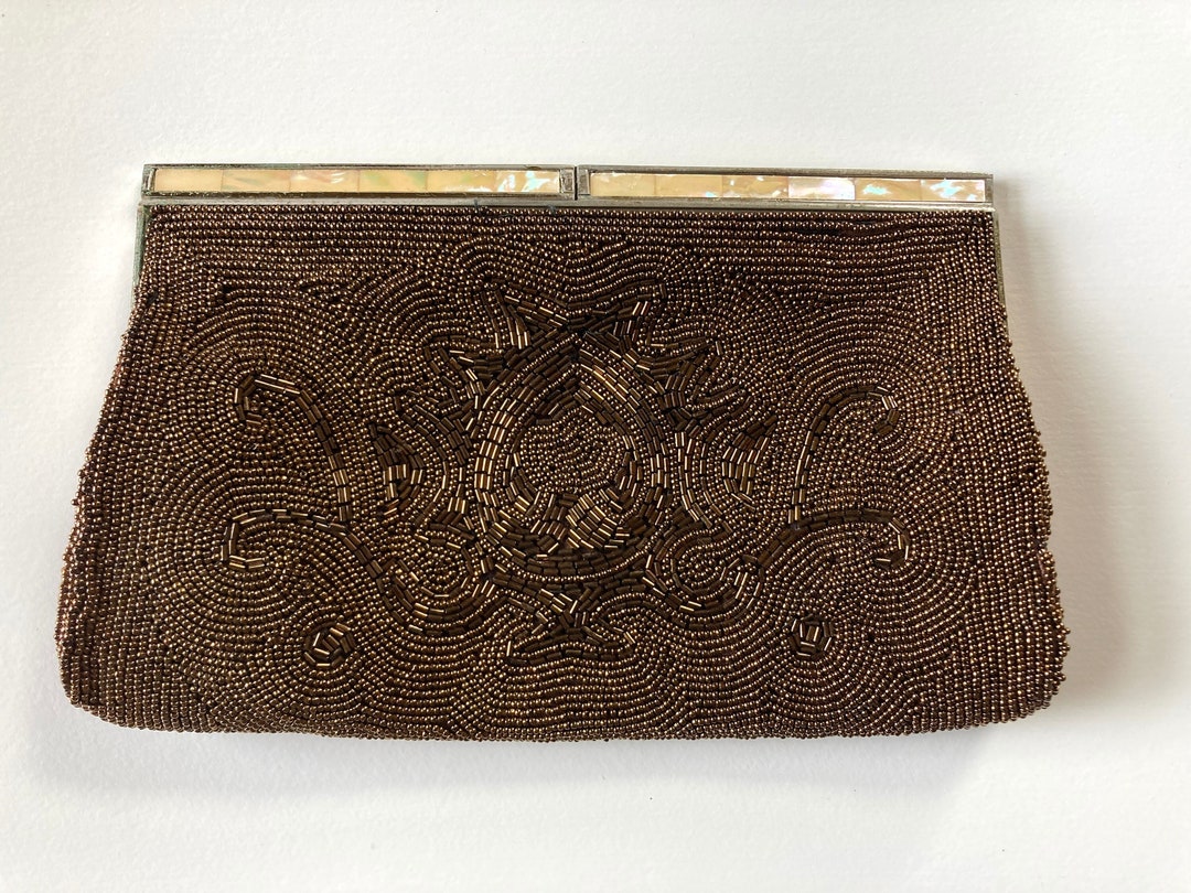 1950s Beaded Bronze Clutch With Mother of Pearl Clasp Handmade in Japan ...