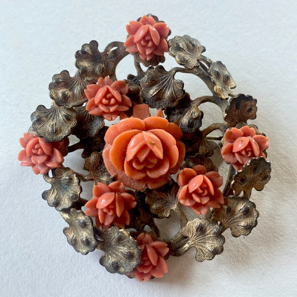 Antique carved celluloid roses convertible brooch pendant Victorian to 1930s botanical jewelry floral accessory leaves faux coral roses