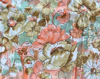 True vintage fabric yardage 5 yards J Manes 1960s floral lightweight cotton in peach, apricot, aqua, white and beige dress shirt fabric