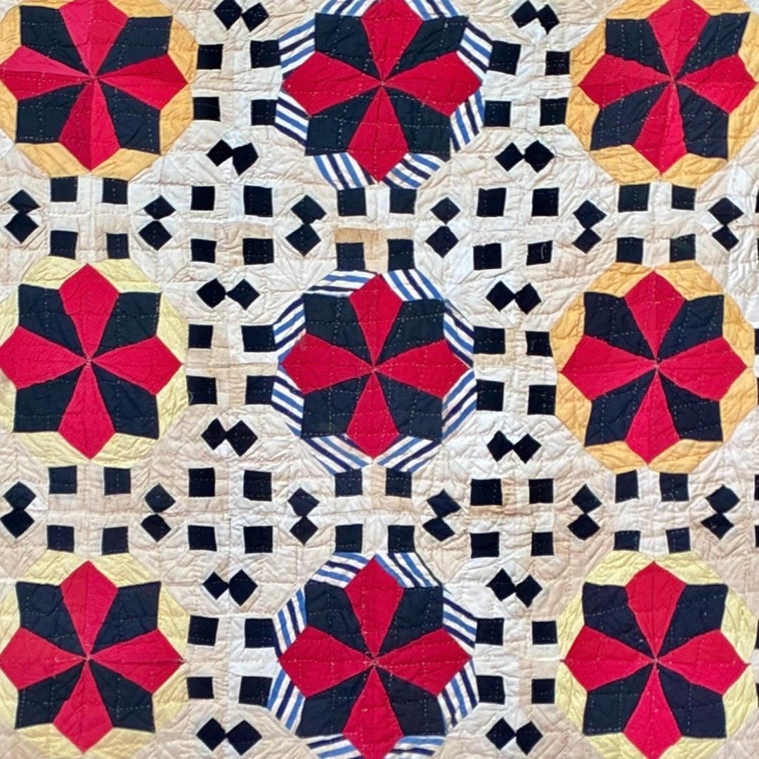 Antique Patchwork Stars Quilt Red Black Blue Yellow and White Farmhouse ...