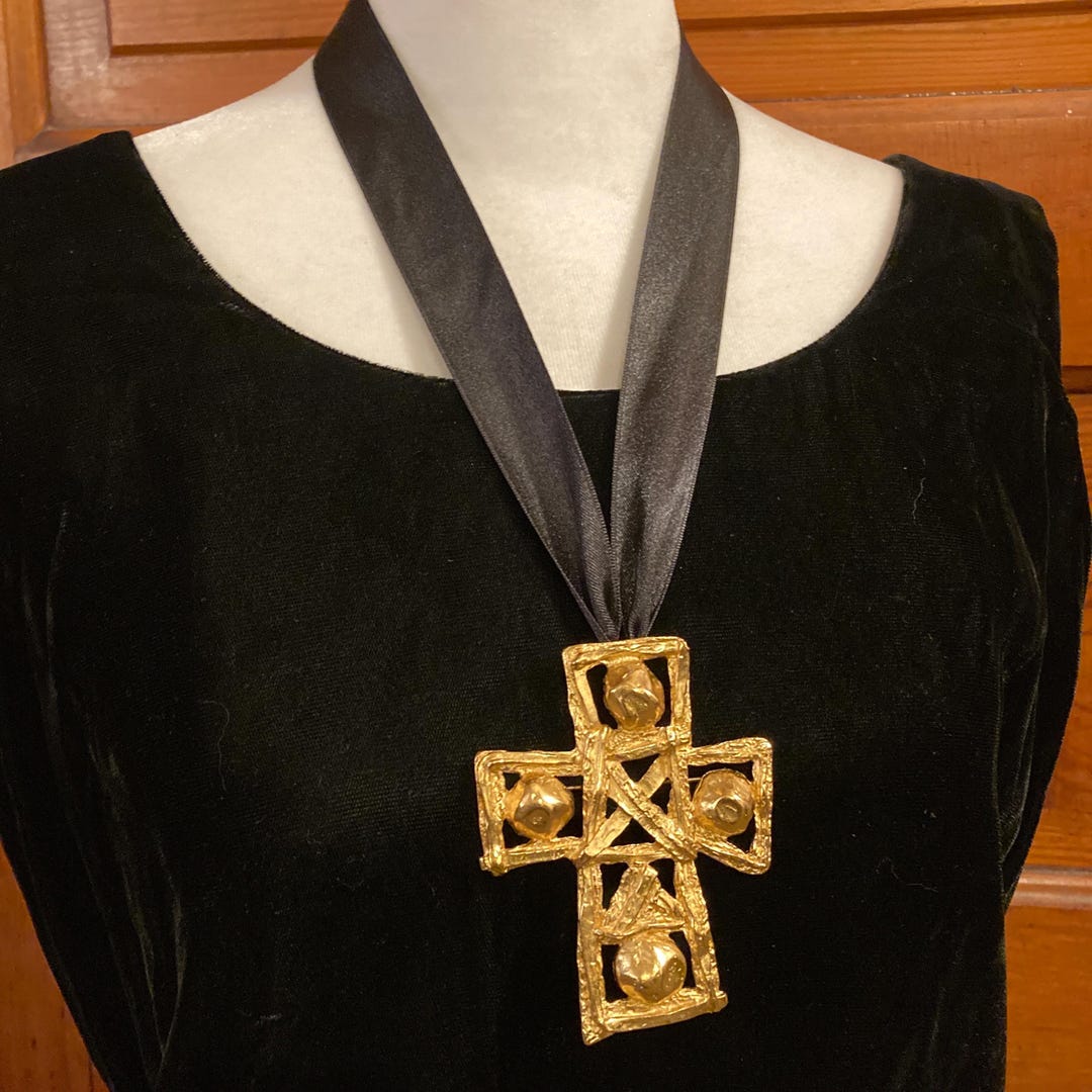 Christian Lacroix Vintage Gold Rhinestone Cross Brooch
