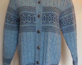 1960s Nordic cardigan in sky blue / lake blue Women's cardigan size Medium c.1960s Jersild sportswear made in USA Orlon acrylic