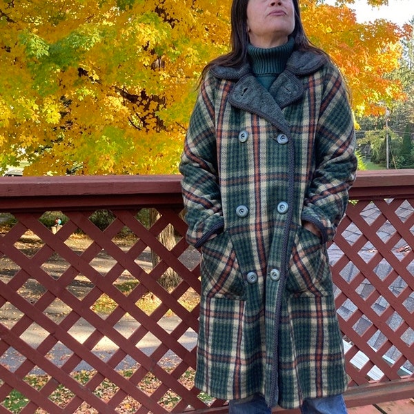 1960s 1970s reversible Plaid and faux fur double breasted coat mod boho style