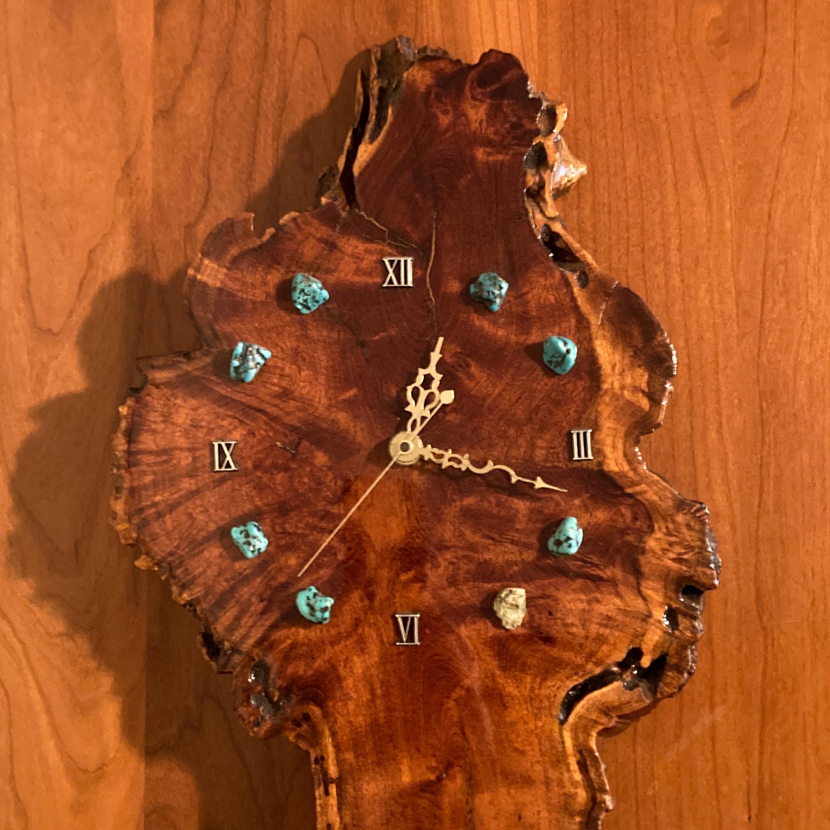 1970s large cypress slab lacquered wall clock with turquoise chunks southwest Native American western decor boho style raw edge wood 24”
