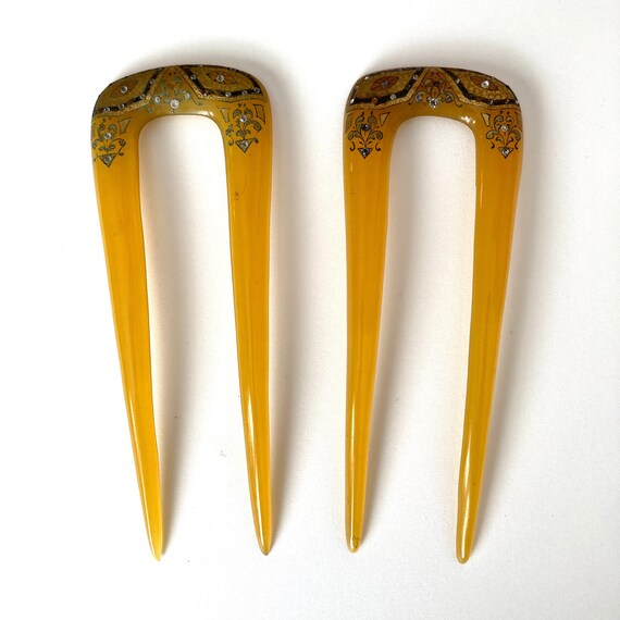 Pair of antique celluloid hair combs honey apple … - image 4