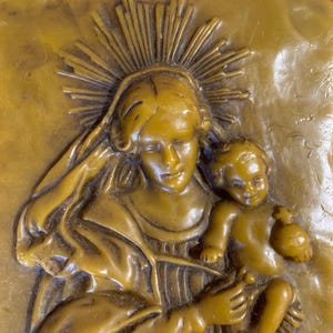 Antique carved wax Virgin Mary and Child wall hanging devotional art religious object signed Gautsch German