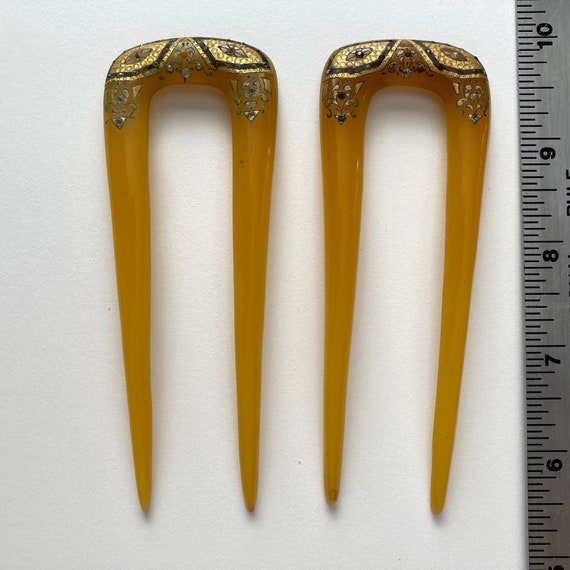 Pair of antique celluloid hair combs honey apple … - image 5