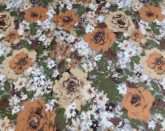 True vintage fabric yardage circa 1970s cotton shirtweight print dress floral in earth tones and green 2 yards