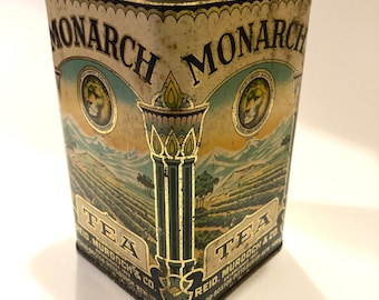 antique Monarch tea tin 1920s 1930s made by Reid Murdoch Co tea tin India orange pekoe tea plant tea picker tea fields lion mountains