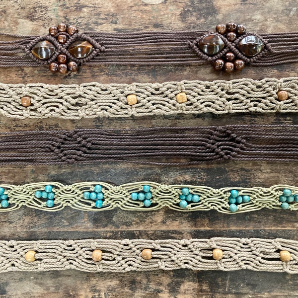 1970s beaded macrame belt in beige brown  turquoise with wooden beads vintage handmade accessories boho hippie belt adjustable size M L XL