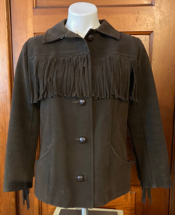 1950s vegan suede fringe jacket in cocoa brown siz