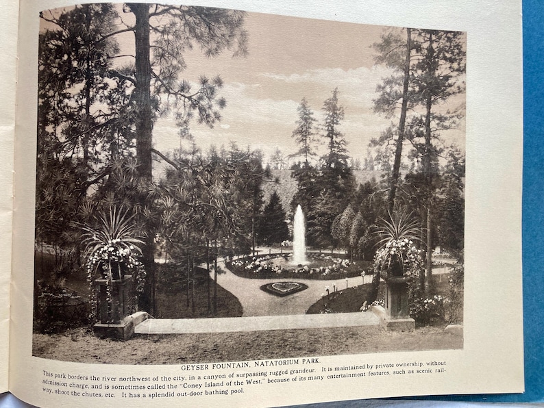 Op de afbeelding: Een zwart-witfoto van een fontein in een park met bomen en bloemen. De fontein bevindt zich in het midden van de afbeelding en wordt omringd door een cirkelvormig pad. De tekst "GEYSER FOUNTAIN, NATATORIUM PARK" staat onderaan de afbeelding.