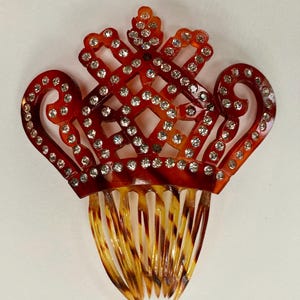 antieke celluloid mantillahaarkam faux schildpad met strassteentjes Victoriaanse Edwardiaanse art deco honing amber jaren 1890 tot 1920