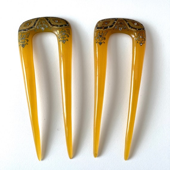 Pair of antique celluloid hair combs honey apple … - image 6