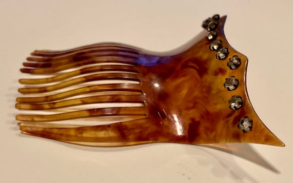 Ancien Peigne à Cheveux En Celluloïd écaille De Tortue – Strass – Style Art Déco / Victorien