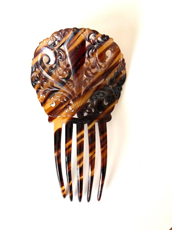 Antique celluloid mantilla hair comb carved faux … - image 1