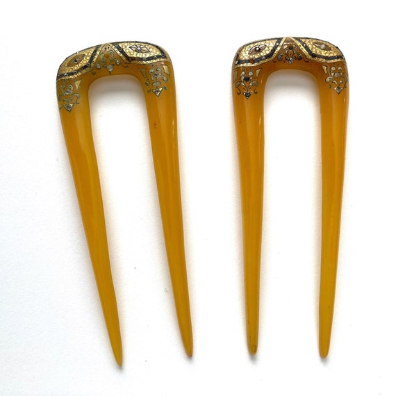 Pair of antique celluloid hair combs honey apple … - image 1