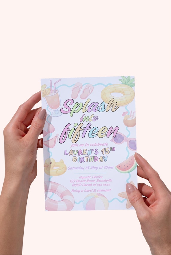 15th Birthday Pool Party Invitation Template, Editable Canva Splash Birthday Invite, Summer Party Invite, Teen Birthday Invitation