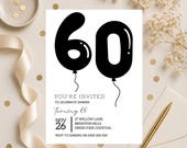 60th Birthday Invitation Template, Black and White Minimal Invite, Elegant Milestone Birthday, Balloon Birthday Invite, Editable Canva