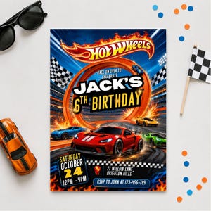May include: A Hot Wheels-themed birthday invitation featuring a red race car, a track, and the text "Jack's 6th Birthday." The invitation includes the date, time, and location for the party.