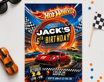 Hot Wheels Let's Rennen 6. Geburtstag einladen, Rennstrecke Geburtstagseinladung, bearbeitbare Auto Party einladen, Hot Wheels inspirierte Geburtstagsvorlage