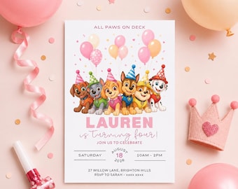 Editable Paw-ty 4th Birthday Invitation Template, Kids Printable Party Invitation, Puppy Patrol Pup Crew Boys & Girls Bday, Instant Download