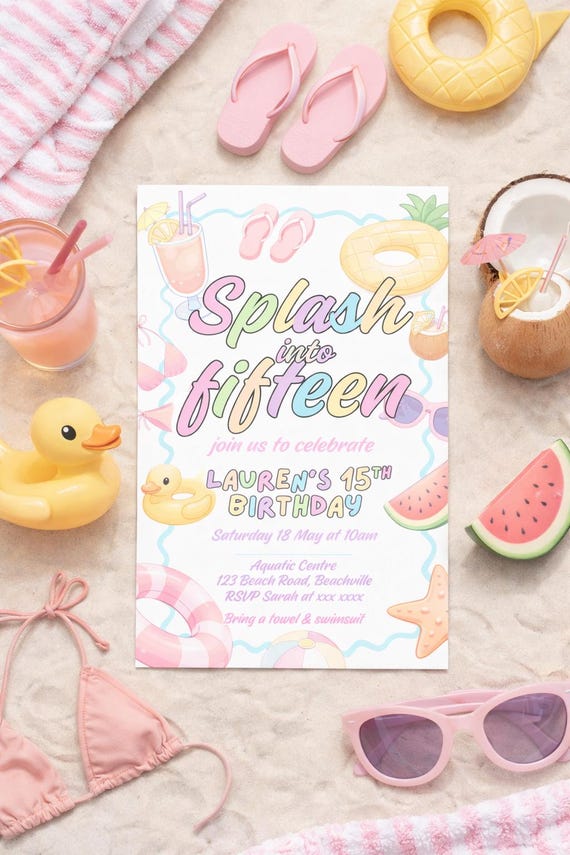 15th Birthday Pool Party Invitation Template, Editable Canva Splash Birthday Invite, Summer Party Invite, Teen Birthday Invitation