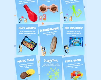 Bigliettini regalo stampabili per la festa a tema cane blu, pacchetto di giochi per il compleanno dei bambini, attività per la festa a tema cane blu, bomboniere, download immediato, modificabile con Canva