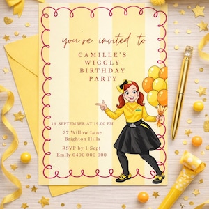 May include: Yellow and cream birthday party invitation with the text "you're invited to Camille's Wiggly Birthday Party". The invitation features a cartoon character holding balloons. The invitation also includes the date, time, and location.