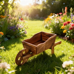 May include: A small, wooden wheelbarrow with a natural finish sits on green grass, surrounded by colorful flowers. The wheelbarrow has a single wheel and a rectangular bed, perfect for garden decor or small plants.