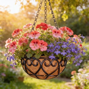 Puede incluir: Una cesta colgante llena de vibrantes geranios rosas y rojos y pequeñas flores moradas. La cesta tiene un marco decorativo de metal negro y un forro de fibra natural, suspendida por una cadena negra. El fondo es una escena de jardín borrosa.