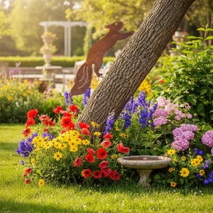May include: A metal squirrel sculpture in a garden setting, climbing a tree trunk. The squirrel is a silhouette in a rusty brown colour. The tree is surrounded by a vibrant display of flowers, including red poppies, yellow daisies, and purple delphiniums. A bird bath is visible.