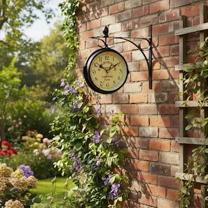 May include: A black, double-sided outdoor clock mounted on a brick wall. The clock face is cream-colored with black Roman numerals and hands. The clock is suspended by a decorative black metal bracket. The words "LONDON 1878" are printed on the clock face.