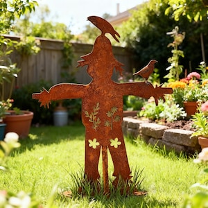 Puede incluir: Escultura de jardín de metal oxidado con forma de espantapájaros. El espantapájaros tiene los brazos extendidos y adornos de flores y follaje. Dos pájaros de metal se posan sobre la cabeza y el brazo del espantapájaros.