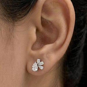 Moissanite Cluster Stud Earrings, 18K White Gold Mixed Shape Earrings, Pear Round Emerald Cut Bridal Earrings, Minimalist Jewelry Gift